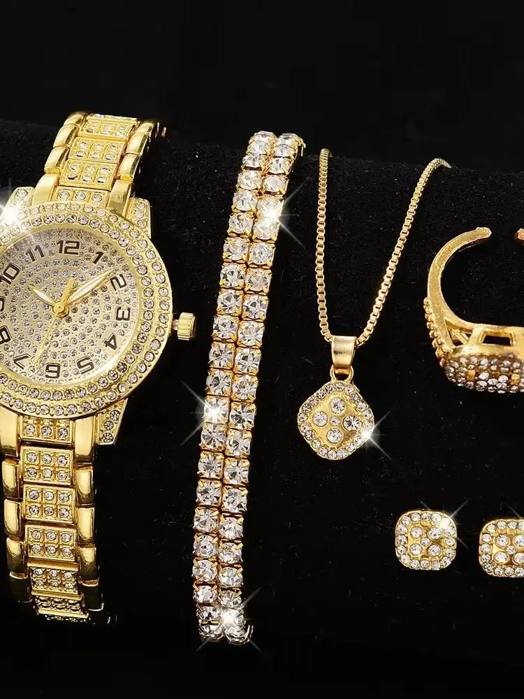 2pcs/set Luxury Women Gold Watch Fashion Ladies Quartz Diamond Wristwatch Elegant Female Bracelet Watches Set