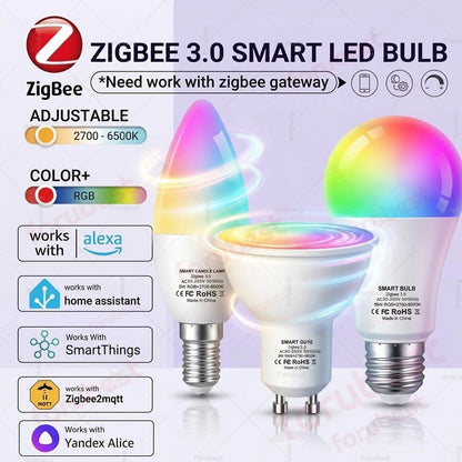 Zigbee Smart Bulb RGBCW E27 E14 GU10 LED Lamps Voice Control via Alexa Echo Yandex Alice,Zigbee 3.0 Hub Required for Zigbee2MQTT