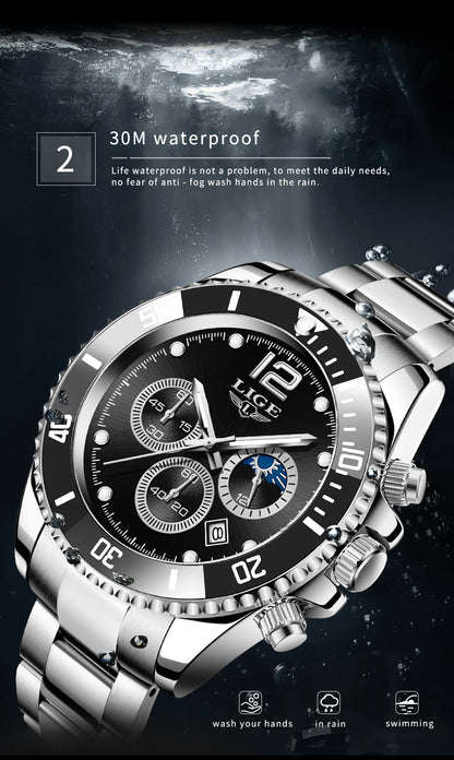 LIGE Outdoor Sport Watch For Men Fashion Military Waterproof Luminous Men Watch Round Stainless Steel Quartz Chronograph Male