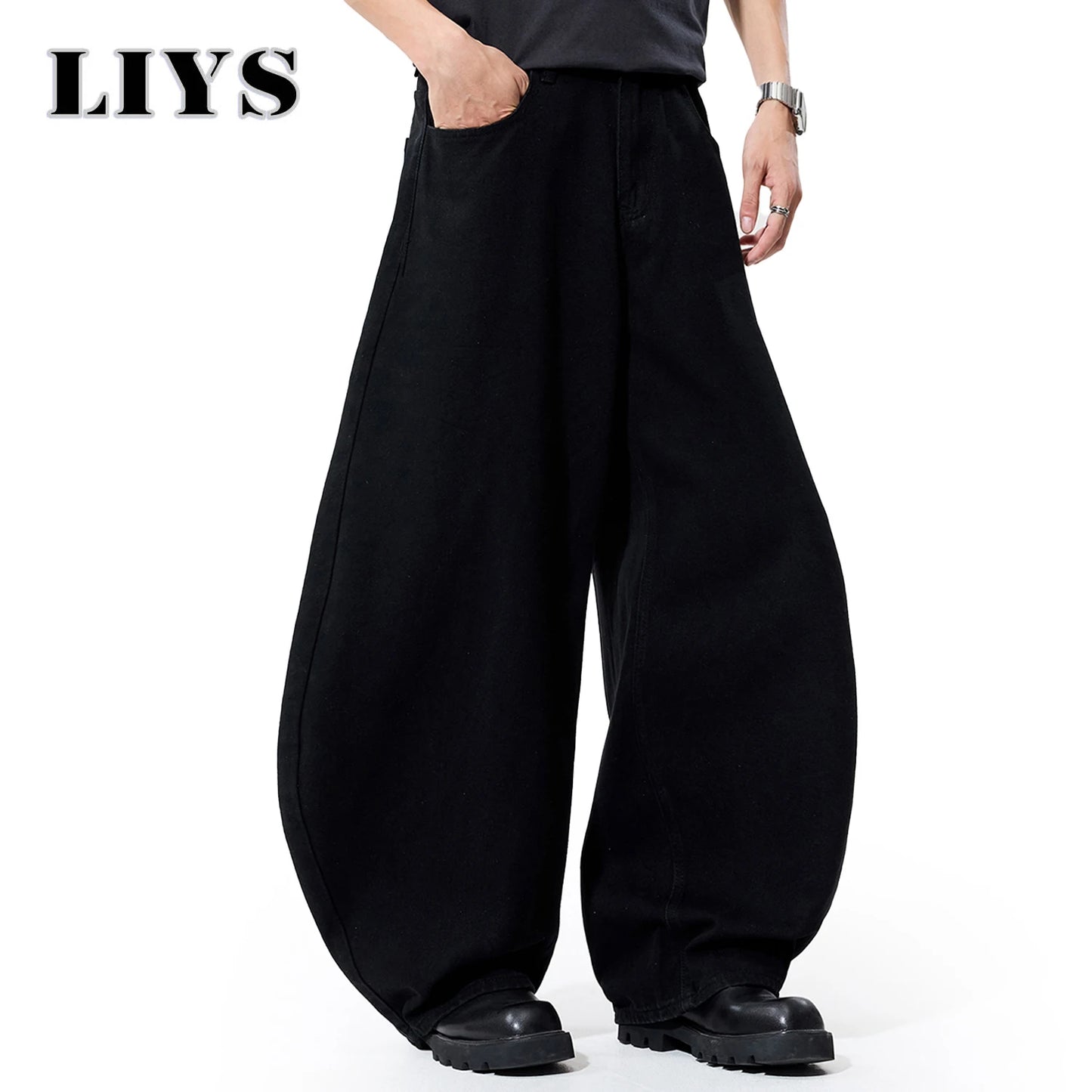 Liys Men's Black Ultra Wide Leg Jeans Baggy Fitting Denim Pants Man Solid Streetwear Daily Casual Fashion Lantern Balloon Jeans