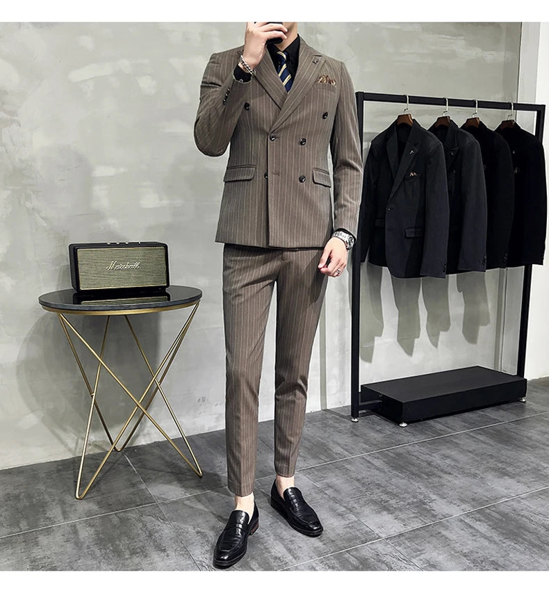 Slim Fit Double-breasted Striped Suit Vest Trousers 3-Piece Set Korean Fashion M-7XL Men's Fashionable Striped Three-piece Suit