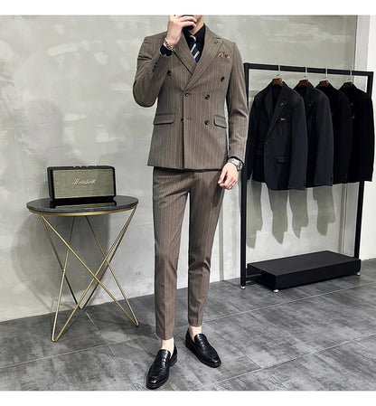 Slim Fit Double-breasted Striped Suit Vest Trousers 3-Piece Set Korean Fashion M-7XL Men's Fashionable Striped Three-piece Suit