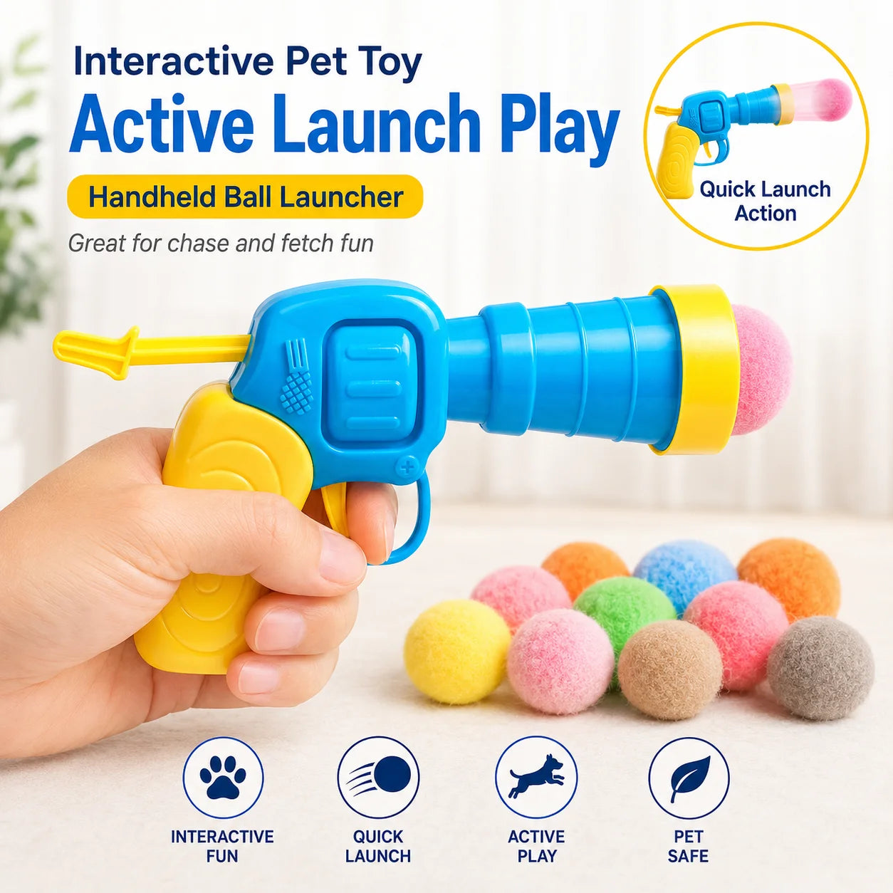 Interactive Cat Toy Pom Pom Ball Launcher Quiet Fuzzy Ball Shooter Indoor Chase Play Kit with 100 Colorful Soft Balls for Cats