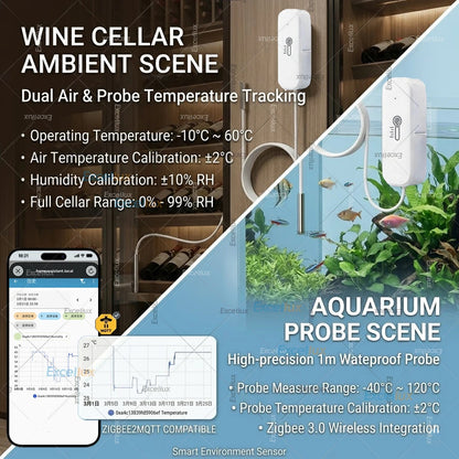 Zigbee 3.0 Temperature Humidity Sensor With External Temp Probe Smart Thermo Hygrometer For Plants Aquarium Freezer Need Gateway