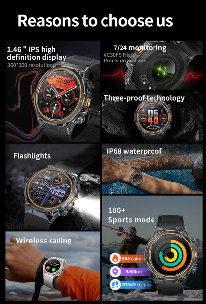 LIGE 2026 Nowy Zewnętrzny Wojskowy Zegarek Smartwatch z Baterią 400 mAh, Wodoodporność 5ATM, Latarka, Monitor Tętna, Tracker Sportowy dla Mężczyzn