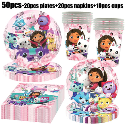 Gabby Dollhouse Birthday Party Supplies Plates Cups Tablecloth Napkins Gabby Cat Birthday Decoration Supply Kit Kids Party Favor