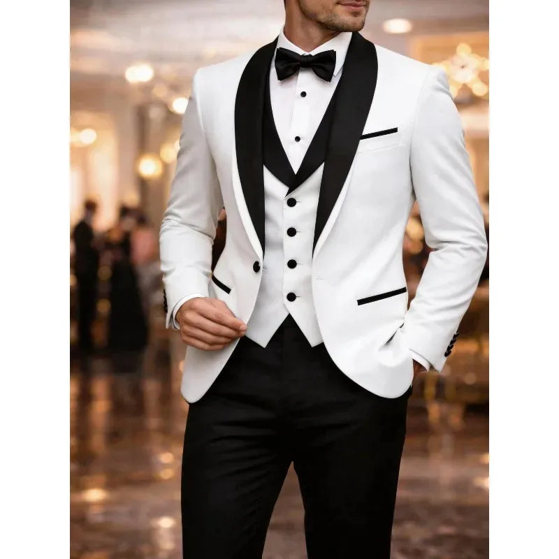 Men's Slim Fit Business Suit Black Shawl Lapel Casual Tuxedos for Wedding Groomsmen Suits Set