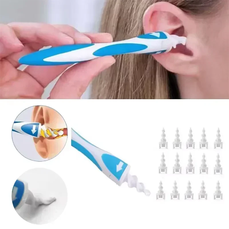 Soft Silicone Ear Wax Removal Tool with 16 Spiral Replacement Heads Ear Cleaning Ear Cleaner Plugs for Ear Care