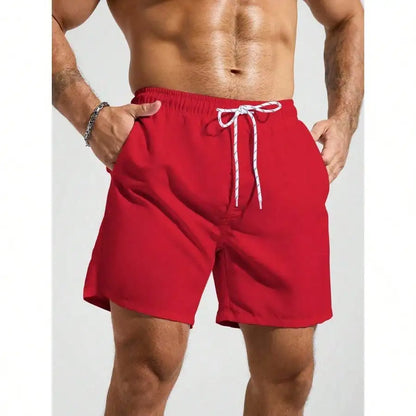 Palasendo Men's Plain Pocketed Drawstring Waist Beach Shorts, Suitable For Summer, Hawaiian, Men Dry Fit Orange Swim Trunks, Men Swim Trunk Matching, Men Beachwear, Plain Swim Trunks