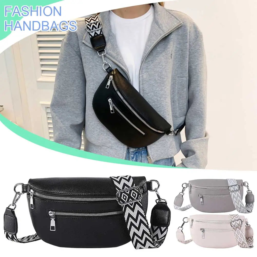 2024 Luxury Designer Women's Chest Bag PU Leather Wide Strap Shoulder Crossbody Bag Female Fashion Fanny Pack Banana Waist Bag