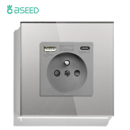 BSEED France Standard Single Wall French Socket Double Power Plug With White Black Gloden Crystal Glass Panel 16A 110V-250V