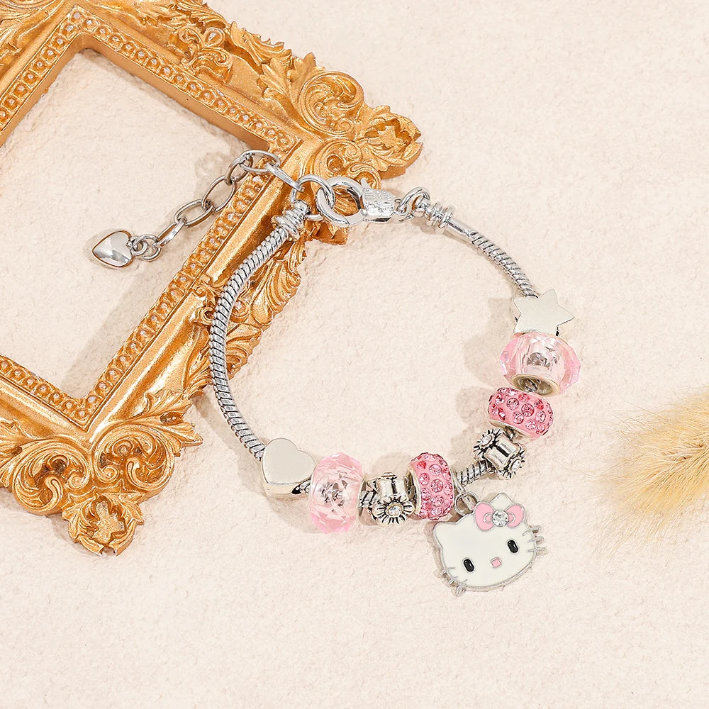Sanrio Hello Kitty Alloy Pendant Necklace Bracelet Set Adjustable Cute Cartoon Anime Jewelry Gift for Women