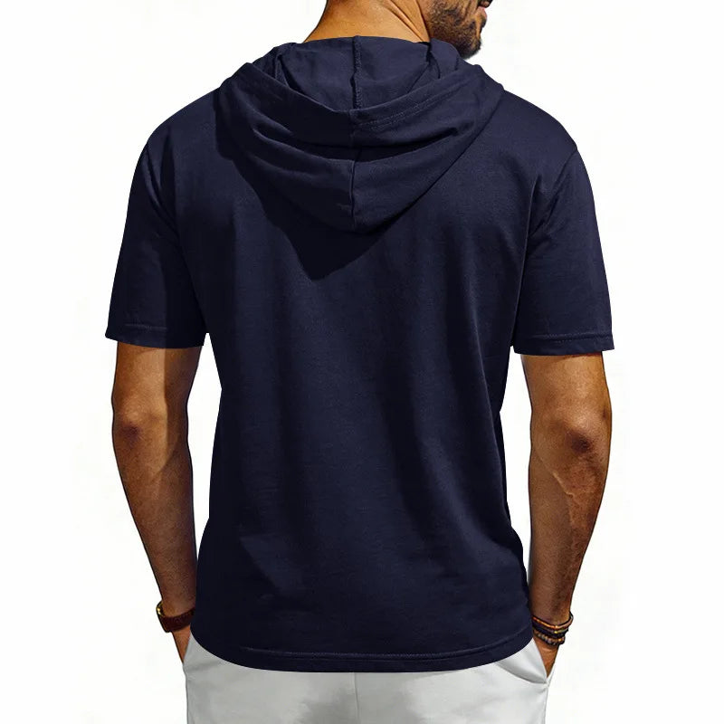 Summer Men's Short Sleeve Hooded T-Shirt Henry Neckline Drawstring Design Casual Loose Breathable Sporty Vest