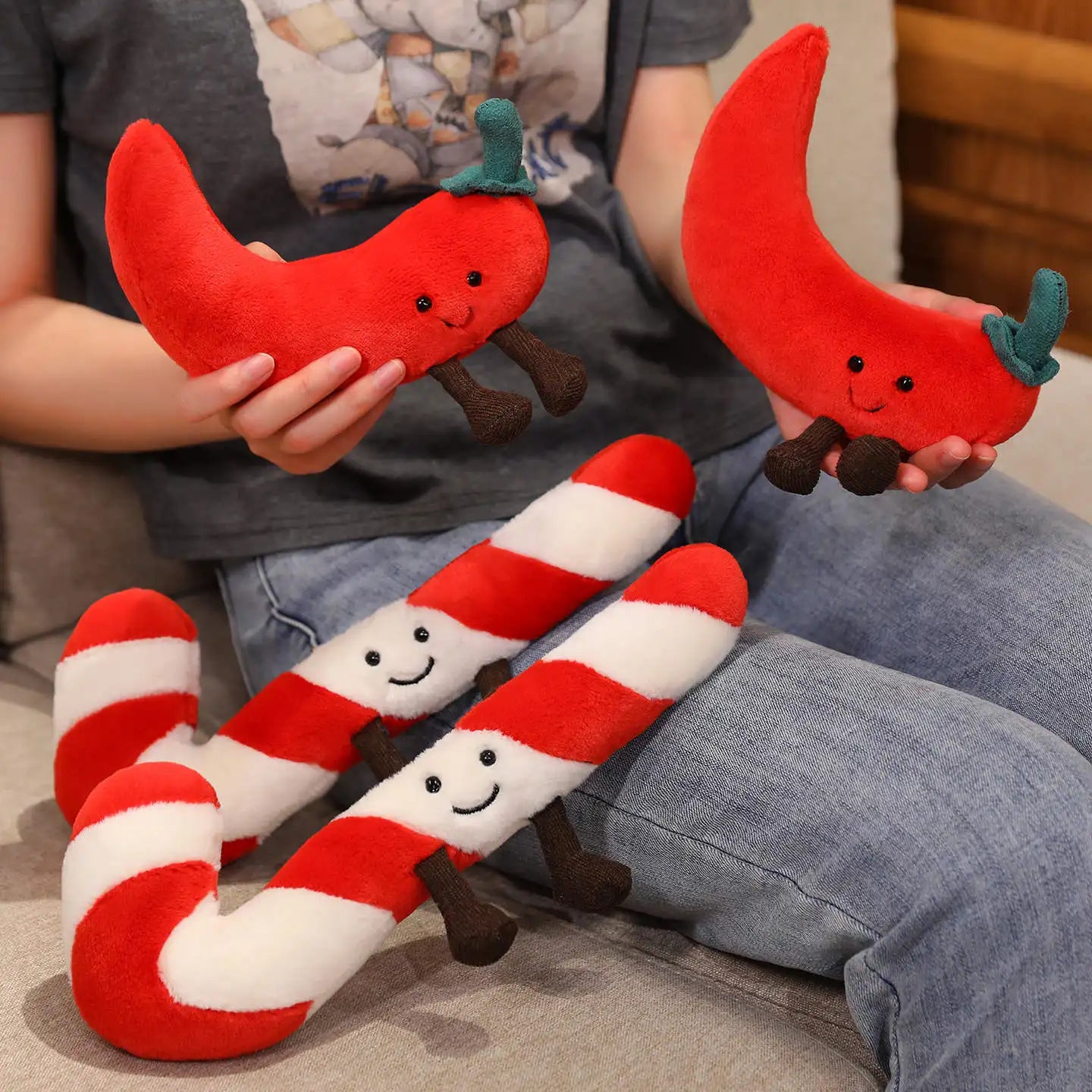 Christmas Bell Pepper and Candy Cane Plush Toy Fun Simulation Chili Peppers and Candy Canes Stuffed Doll Holiday Decor Xmas Gift
