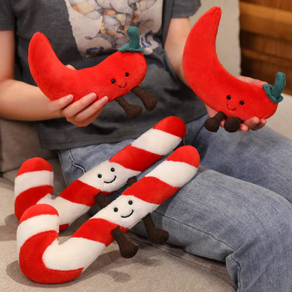 Christmas Bell Pepper and Candy Cane Plush Toy Fun Simulation Chili Peppers and Candy Canes Stuffed Doll Holiday Decor Xmas Gift