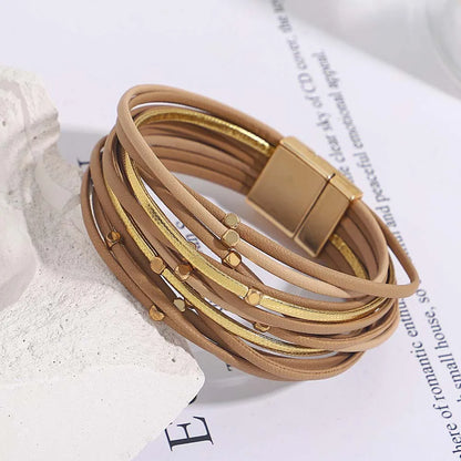 ALLYES Charm Triple Color Leather Bracelet for Women Bohemian Metal Beads Multilayer Thin Strip Wrap Bracelets Fashion Jewelry
