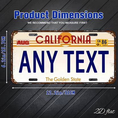 2D Flat Personalized California Custom Metal License Plate, Dustproof Waterproof for Home Car Wall Garage Decor (Decor Only)