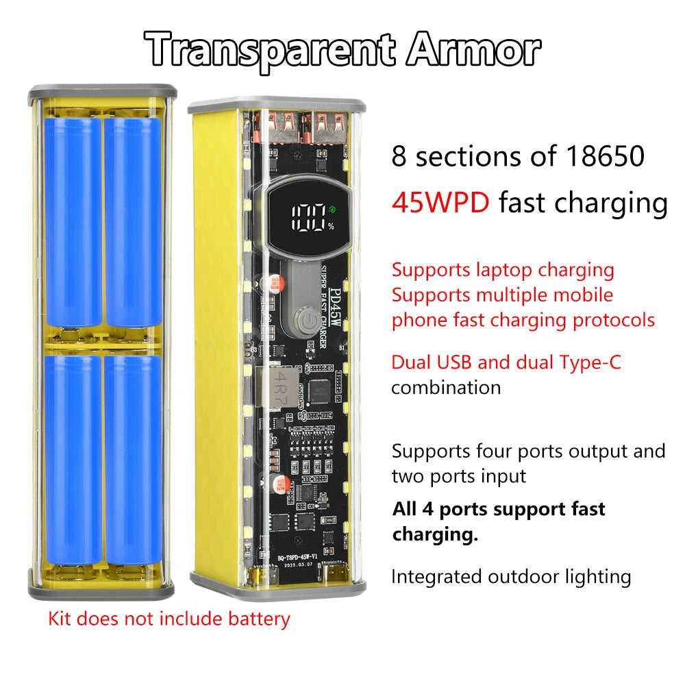8Slots 18650/21700 Power Bank Case DIY Kit Mecha Transparent Quick Charge Flash Charger Battery Case Kit Power Bank Box Type C