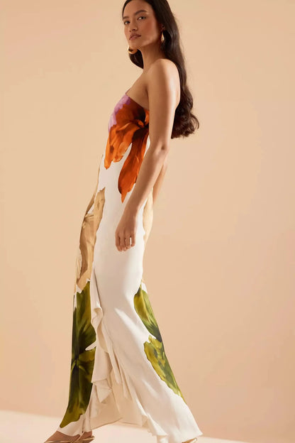 VEITCHE Fashion Women Printed Curling Edge Long Dresses Irregular One Shoulder Open Fork Gown Women Summer 2025 Party Vestidos
