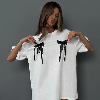CGC Simple Style Casual Versatile Bow Short-Sleeved T-shirt For Women O-Neck Korean Fashion Female Clothing Y2K Tees Loose Tops