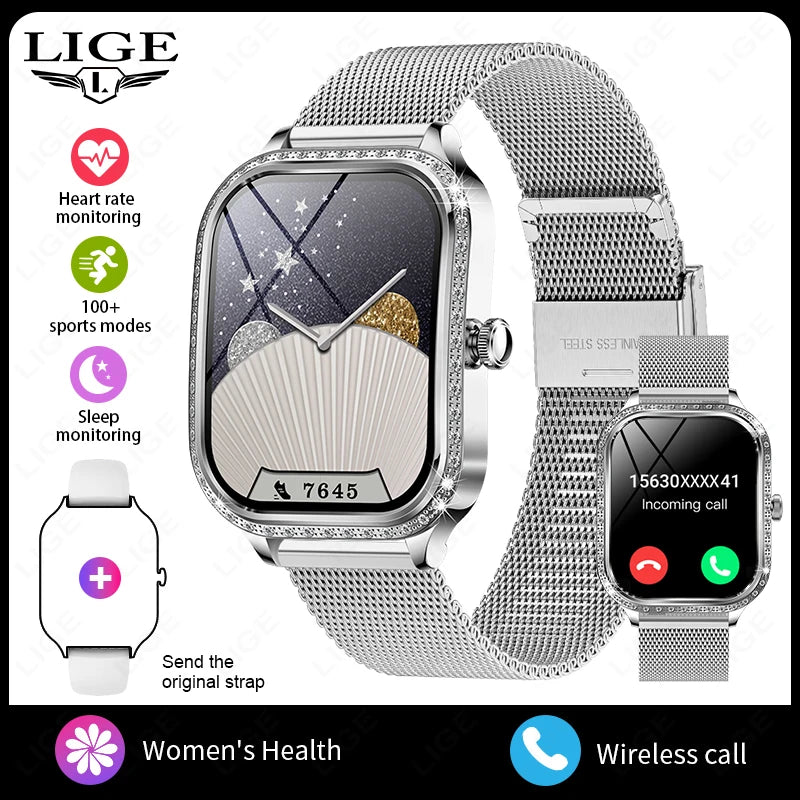 LIGE Fashion Design Women Smart Watch 1.75" Curved Screen Smartwatch Bluetooth Call Clock IP68 Waterproof Diamond Case Bracelet
