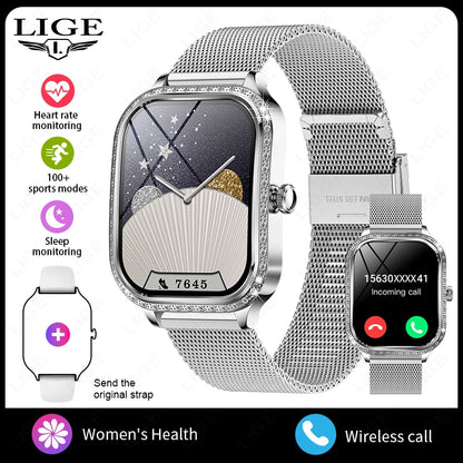 LIGE Fashion Design Women Smart Watch 1.75" Curved Screen Smartwatch Bluetooth Call Clock IP68 Waterproof Diamond Case Bracelet