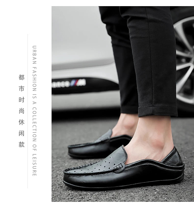 Men's Driving Shoes Large Size Loafers Hollow out Casual Bean Bean Shoes Leather Slip-On Footwear for Men