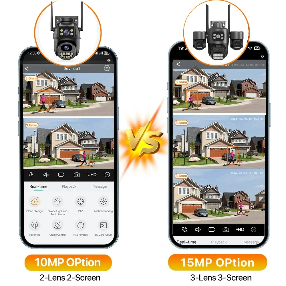 15MP ICSEE Protocol Security Camera 3-HD Screens Auto Tracking Color Night Vision 2-Way Audio Outdoor WiFi CCTV Cam