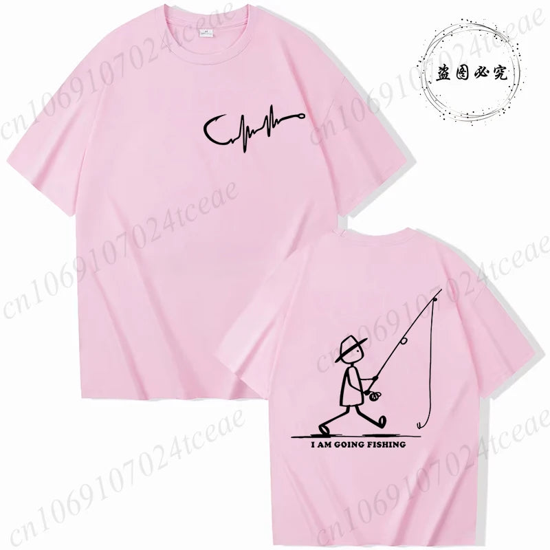 Men's Fishing Graphic T-shirt Black with Fisherman Front Back Print T-Shirts Summer Tee Fishing Trip Personality Male Tee Tops