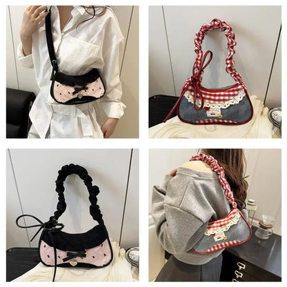 Fashion Grid Mini Handbag with Adjustable Shoulder Strap Korean Style Hand-held Commuting Bag Single-Shoulder Crossbody Underarm