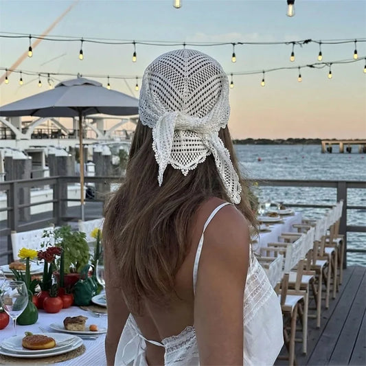 Luxury Hollow Out Lace Scarf Embroidery Thin Hair Scarf Headband Vintage Solid Color Triangular Scarf Beach Vacation for Women