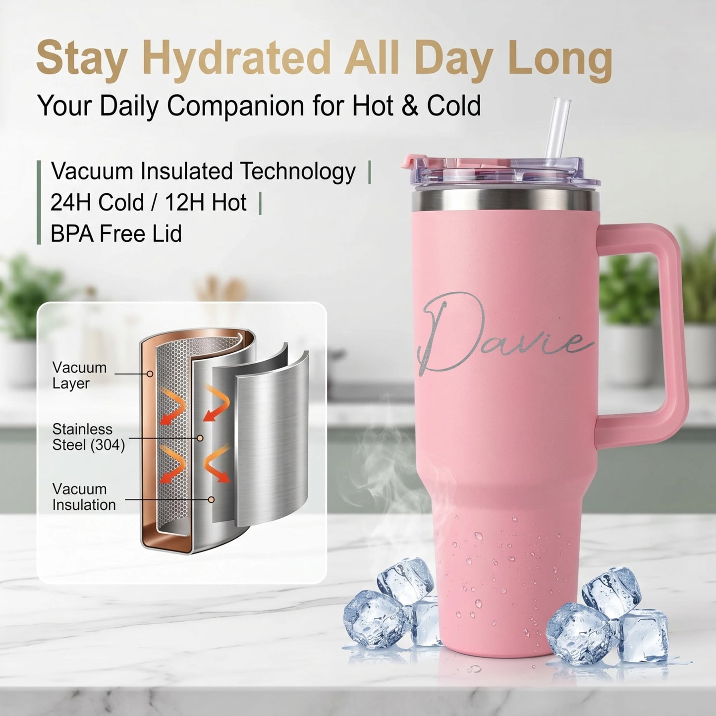 1200ML Stainless Steel Thermos Cup with Straw & Handle Ice Coffee Drink Vacuum Insulated Cup Car Travel Gym Outdoor Water Bottle