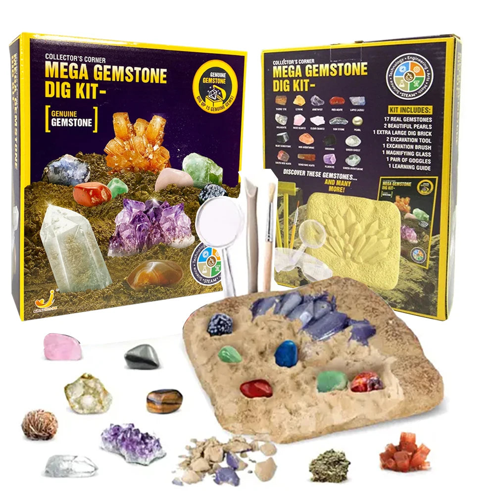 2PCS STEM Mega Dig Kit-Dig Up 15 Real Gemstones and Crystals, Science Kit for Kids,Gift for Girls and Boys-Educational & Fun Toy