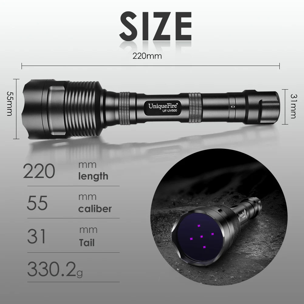 UniqueFire 50W UV500 365NM Black Light LED Flashlight High Power and Long Range Grade Beam Best for Professional/Commercial Use