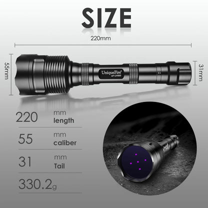 UniqueFire 50W UV500 365NM Black Light LED Flashlight High Power and Long Range Grade Beam Best for Professional/Commercial Use