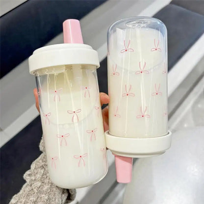 500/700Ml Pink Bow Water Cup With Straw Coffee Bubble Milk Tea Plastic Cup Large Capacity Students Water Bottle Straw Bottle
