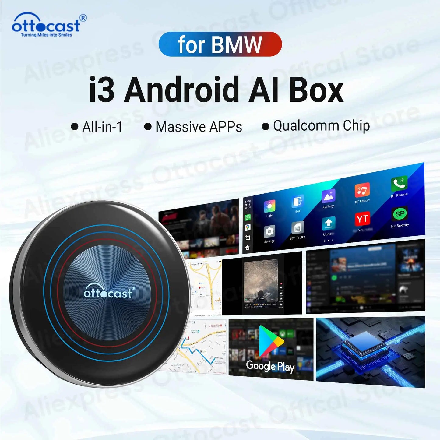OTTOCAST OttoAiBox i3 for Car built in Wireless CarPlay AI Box Android 13 TV Box QCM 6125 for Netflix for BMW Car Accessories