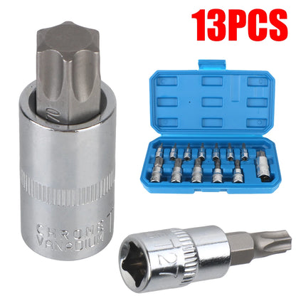 T8-T70 Torx Bit Socket Set 1/4" 3/8" 1/2" Drive Car Removal Tools Socket Wrench Tools 13 Pcs For Ratchet Torque Spanner