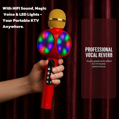 Magic Voice Karaoke Microphone, Wireless Bluetooth Speaker with 4 Voice Changer, Colorful LED Lights, HIFI Sound, for Party Gift