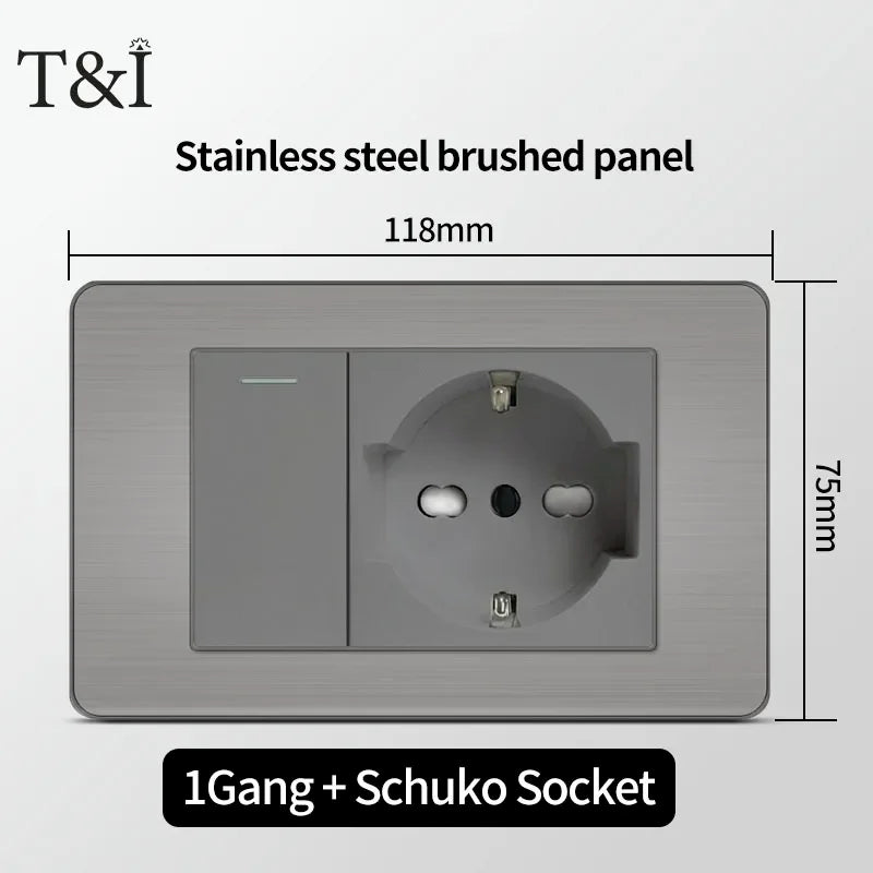 118 US Mexico Grey Stainless Steel Brushed 2way Electrical Light Switch Home Wall Socket Plug Double USB Type-C Power Outlet