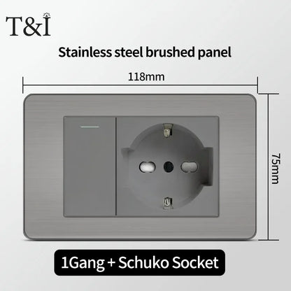 118 US Mexico Grey Stainless Steel Brushed 2way Electrical Light Switch Home Wall Socket Plug Double USB Type-C Power Outlet