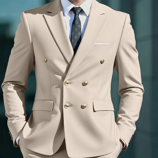 2026Business No-IronDouble-BreastedGolden Button Suit 2pcsTrendy Men's Retro Solid ColorSimpleSlimFit Stylish