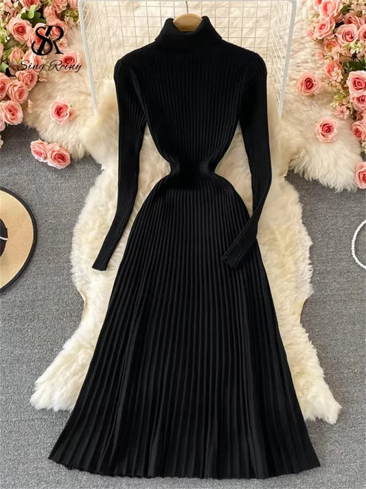 SINGREINY Women Pleated Knitted Dress Turtleneck Long Sleeve Elastic Slim Pencil Dress Autumn Winter Sexy Bodycon Sweater Dress