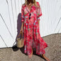 Women's Elegant Plus Size Pleated Short Sleeve V Neck Long Dresses Sweet Style High Waist Printed Dress Female Casual Loose Gown