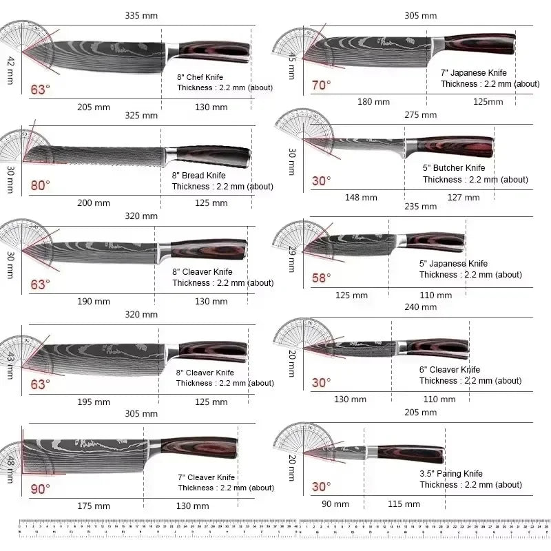 Damascus Chef's Knife Kitchen Knives Set Professional Boning Knife Meat Cleaver Utility Knife Japanese Santoku Knife with Cover