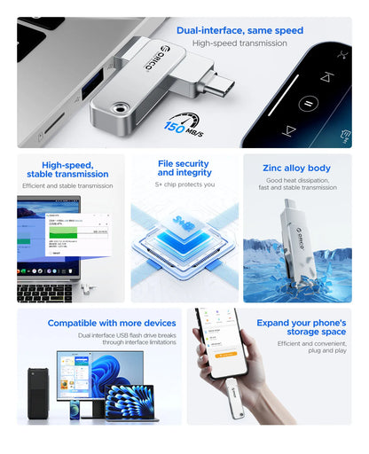 ORICO 128GB USB C Flash Drive Dual USB 3.2 Flash Drive Type C + USB A Portable Type-C Flash Drive 2-in-1 USB-C Thumb Drive