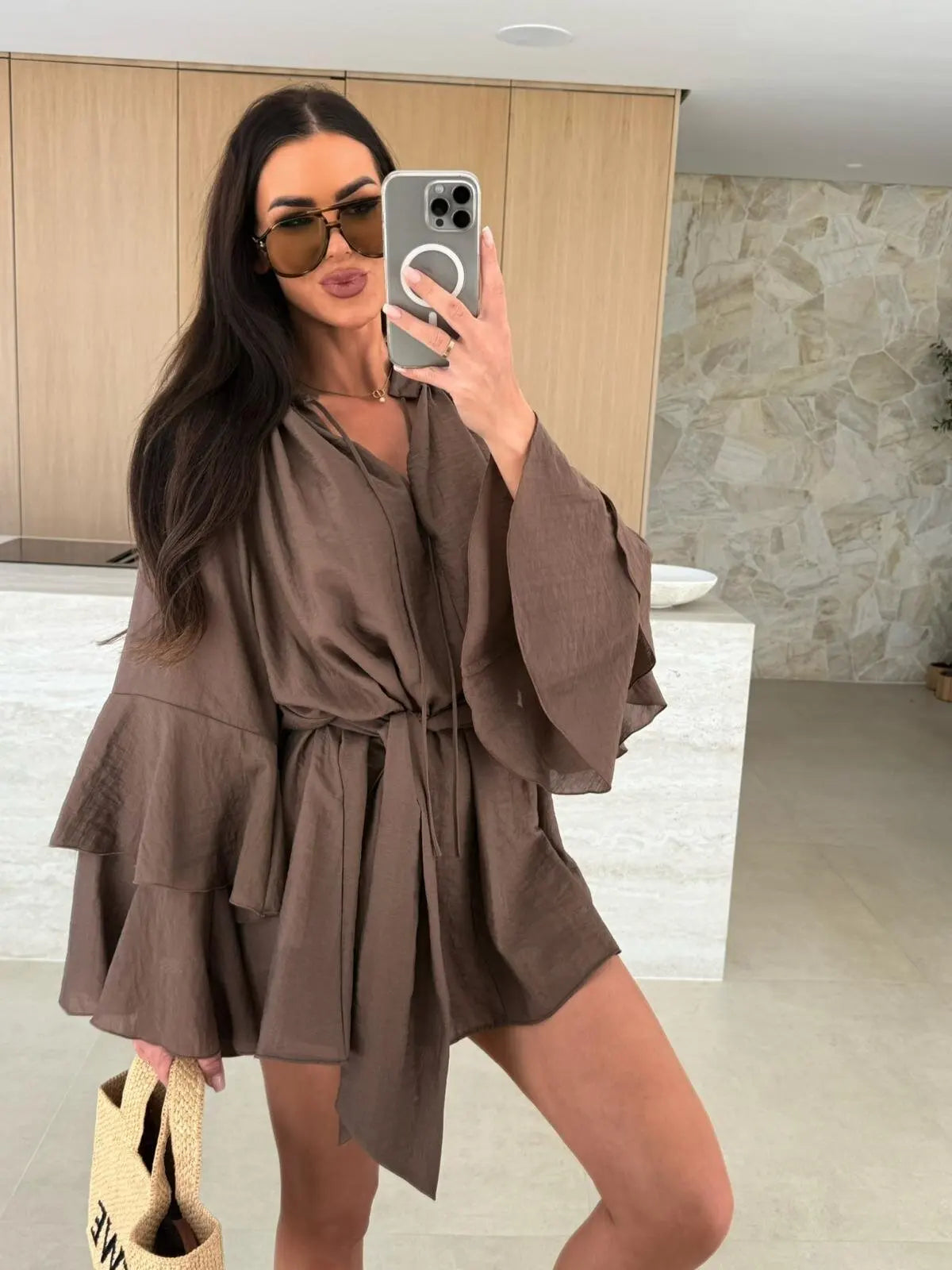 Women's V Neck Tie Waist Mini Dress With Tiered Bell Sleeves Casual Short Romper