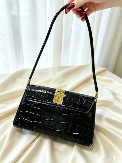 Purely Handmade Luxury High-End Women's Shoulder Bag with Heavy-Duty Diamond Embellishment, European and American Classic Style Gold Moissanite Rhinestone Bag, Fixed Shoulder Strap Crocodile Pattern Pu Backpack, Sparkling Rhi