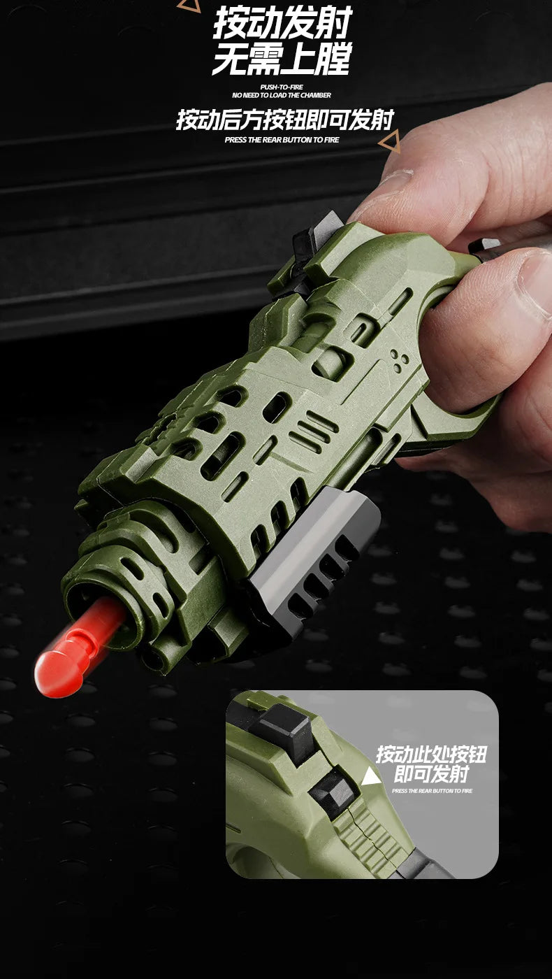 EDC Shootable Toy Pistol with 1-Button Shell Ejection and Card Pushing Function, Black Technology Mini Handgun for Stress Relief