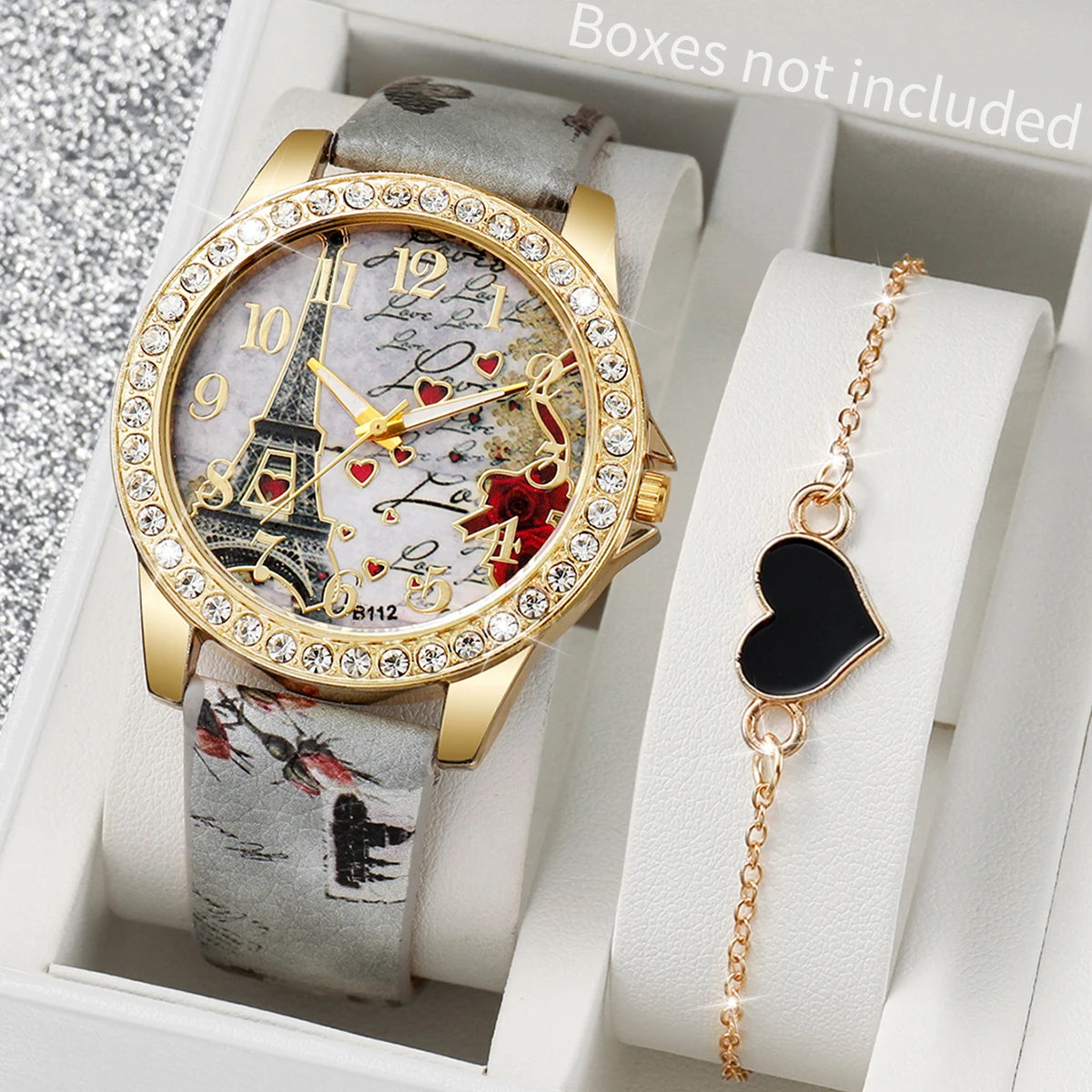 2pcs/set Fashion PU Leather Eiffel Tower Quartz Watch + Heart-Shaped Bracelet (Box not included）